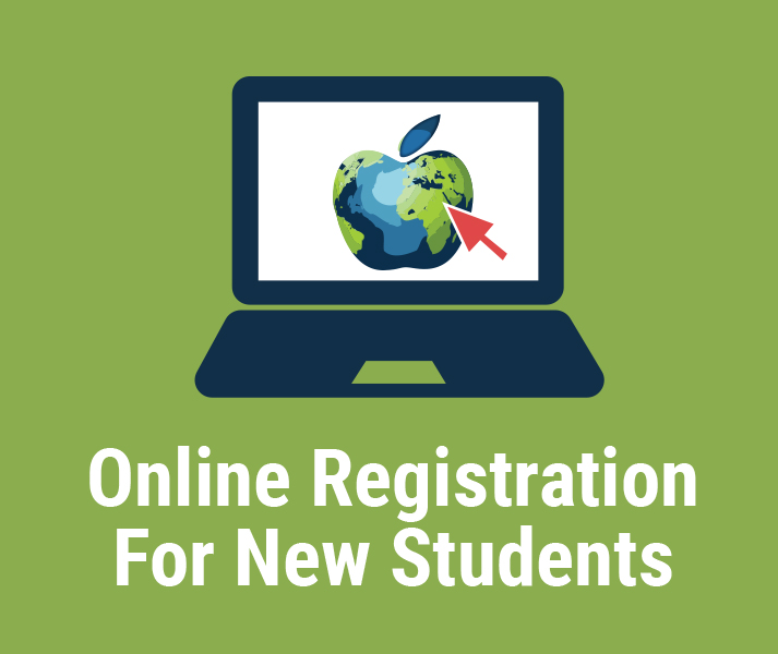 Illustration of laptop with AMDSB apple on screen and red mouse arrow pointing to it. Online Registration for New Students.